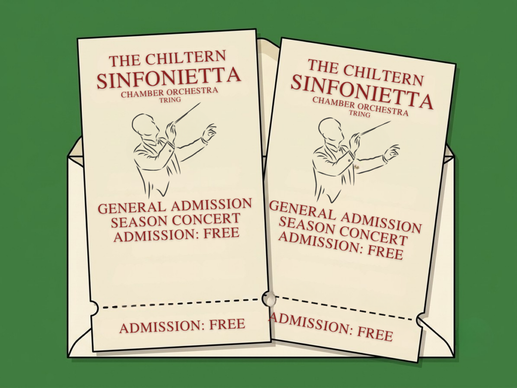 Two free general admission tickets for a Chiltern Sinfonietta season concert, tucked into an envelope