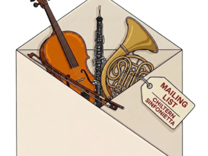 An illustrated envelope holding a violin, oboe and French horn, with a Chiltern Sinfonietta mailing list tag